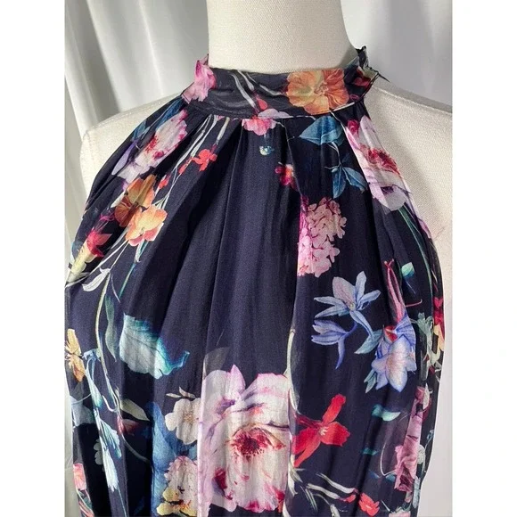 Bellambra Maxi Dress Navy Blue Floral Halter Neck Sleeveless Italy Size S Silk‎ - Picture 2 of 11